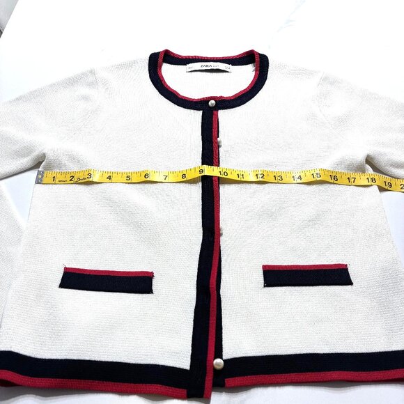 Zara Off White Knit Pearl Button Cardigan Red Navy Blue Trim - Picture 5 of 6